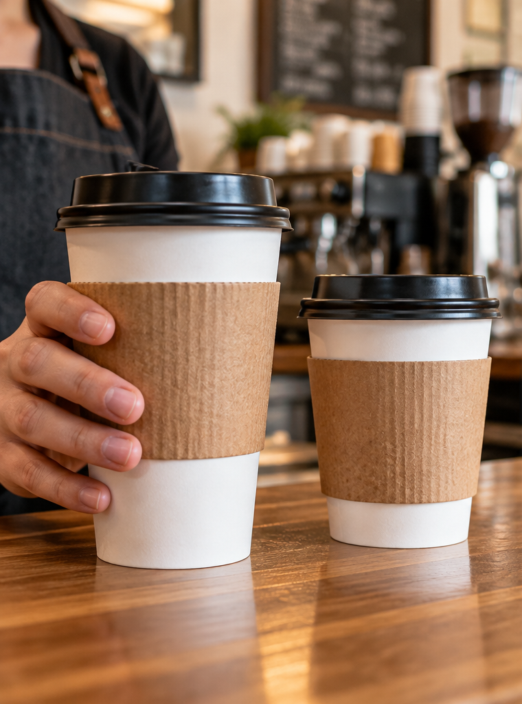 Custom cup sleeves fitted on hot takeaway coffee cups in a cafe