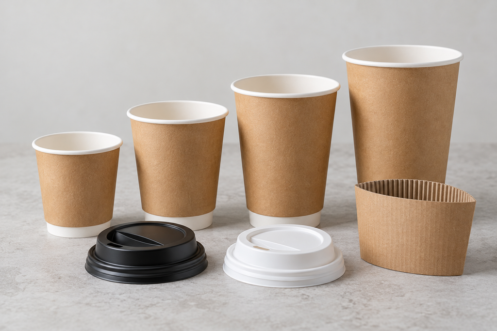 Hot paper cups in different sizes with matching lids and protective kraft paper sleeves