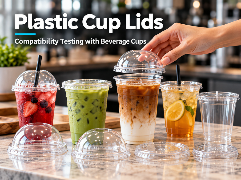 Plastic cup lids being tested on clear beverage cups to check fit and compatibility