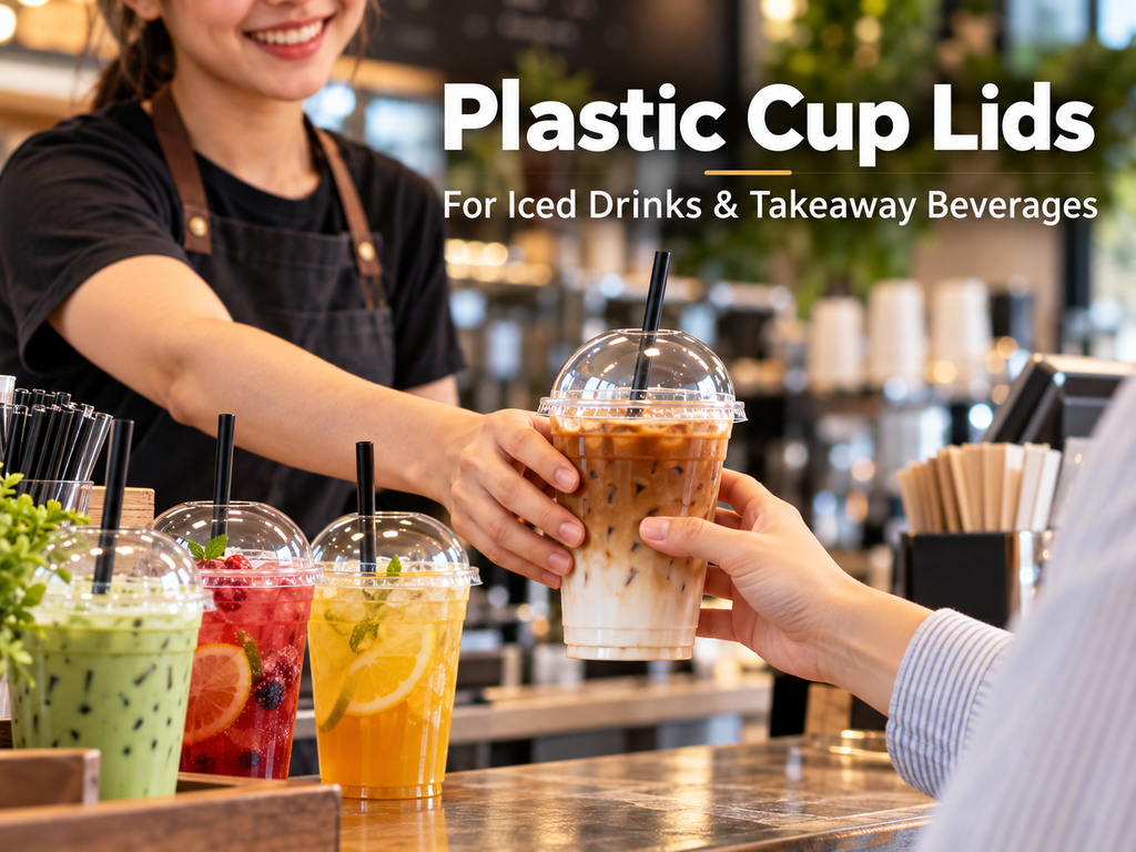 Plastic cup lids used on cold drink cups for iced coffee and takeaway beverages in a cafe