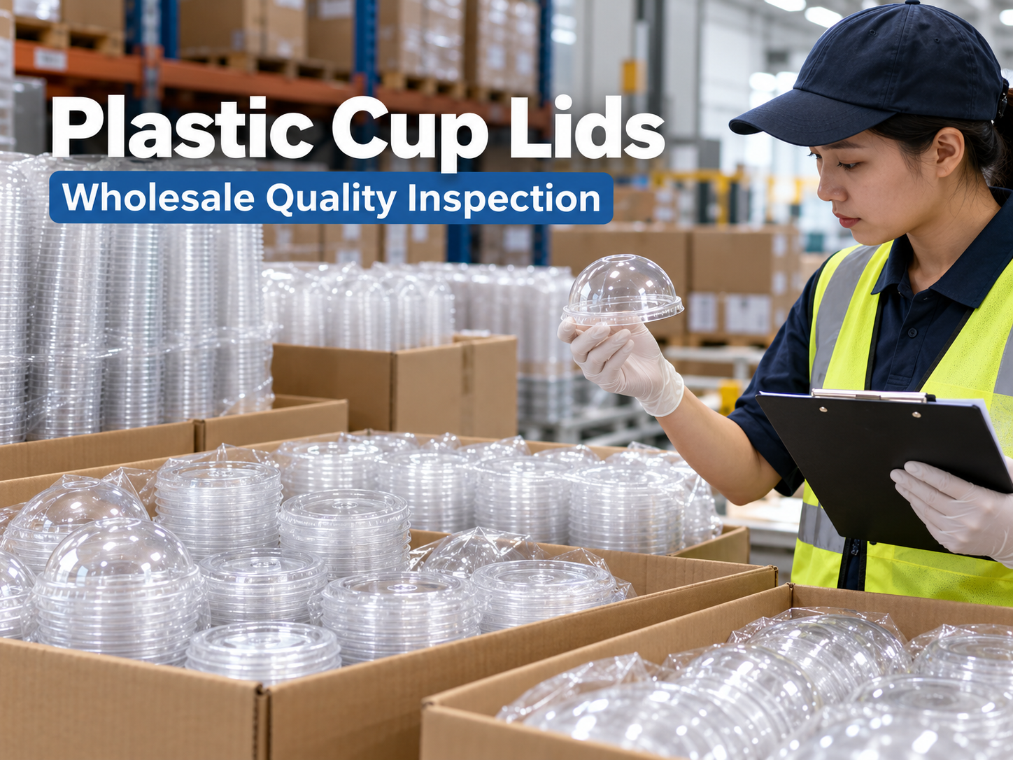 Wholesale plastic cup lids being inspected before bulk beverage packaging orders