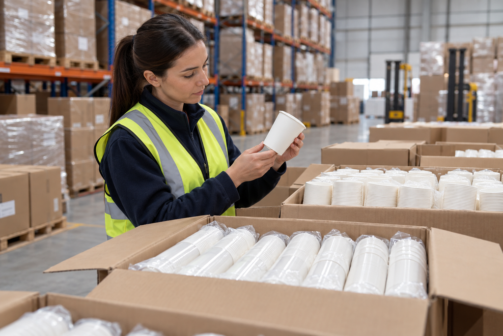 Bulk hot paper cups being inspected for quality before wholesale packaging and delivery