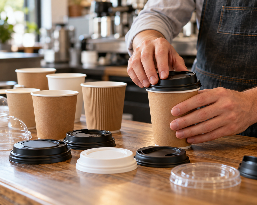Coffee lids being tested on takeaway cups to check fit and compatibility