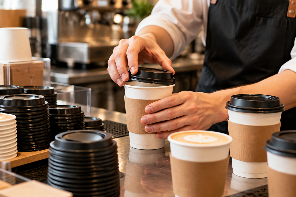 Barista applying coffee lids to takeaway cups during busy coffee shop service
