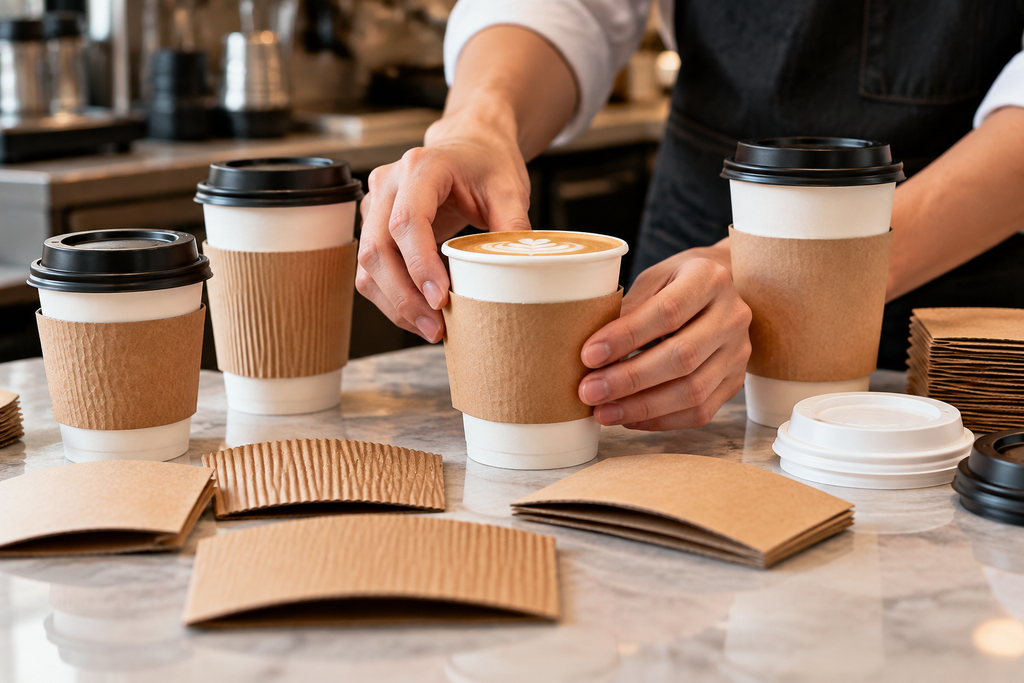 Paper cup sleeves being tested on takeaway coffee cups to check size and fit compatibility