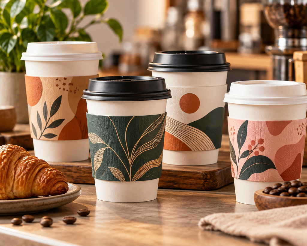 Custom paper cup sleeves with branded designs used for takeaway coffee packaging