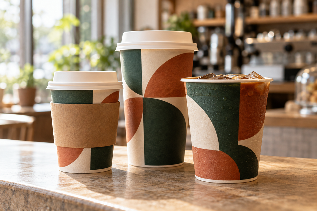 Three custom paper cups on a café counter, including two lidded cups and an open cup filled with iced coffee
