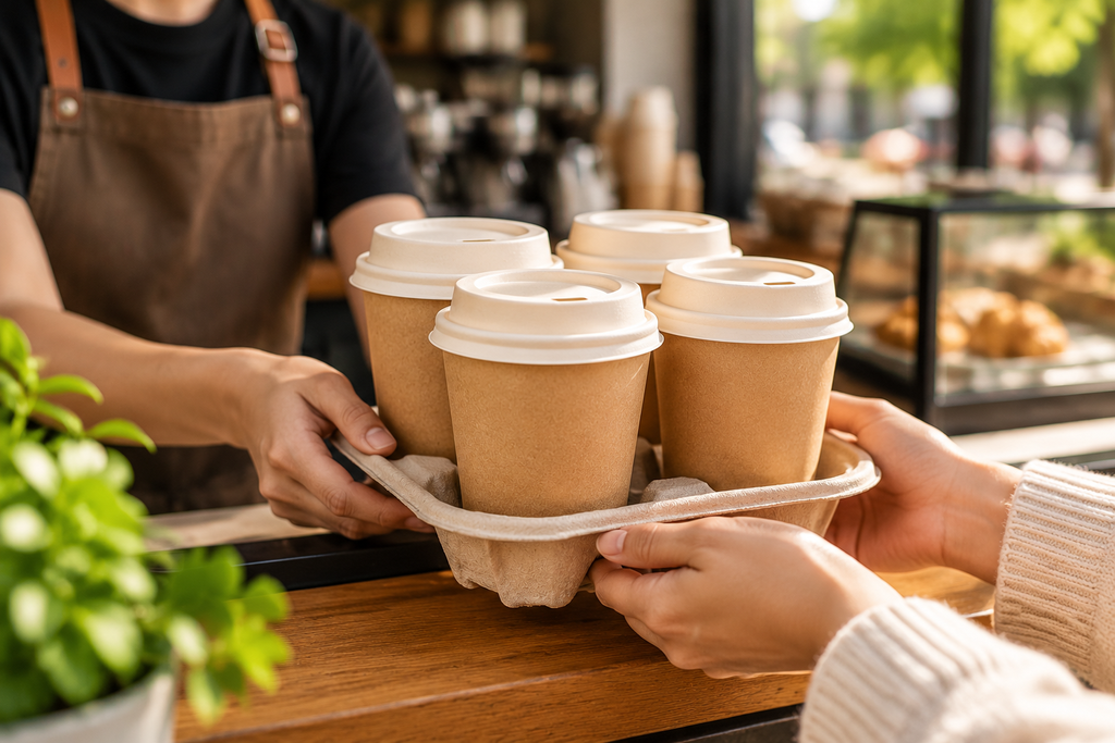Coffee shop takeaway drinks with disposable cup lids in a beverage carrier