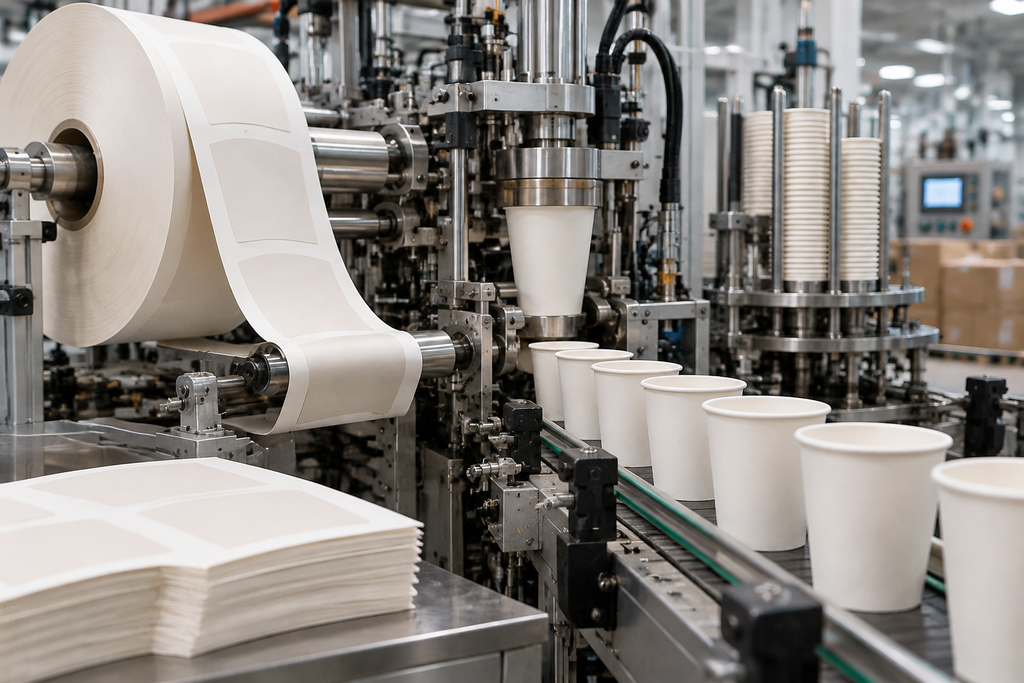 Paper coffee cups being produced on an automated manufacturing line