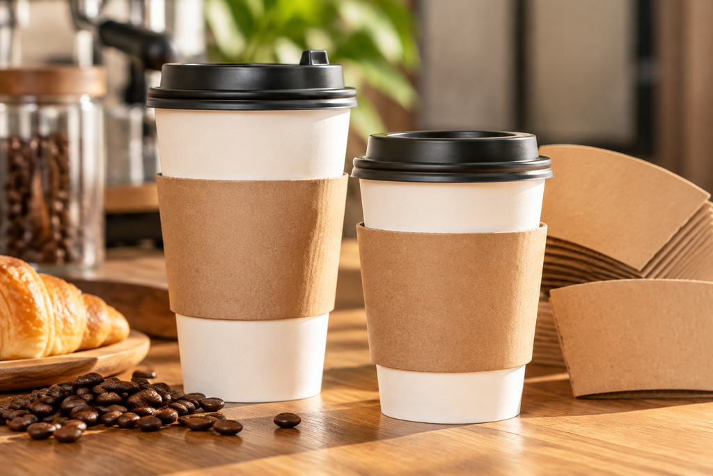 Two white coffee cups with kraft paper coffee cup sleeves on a café table