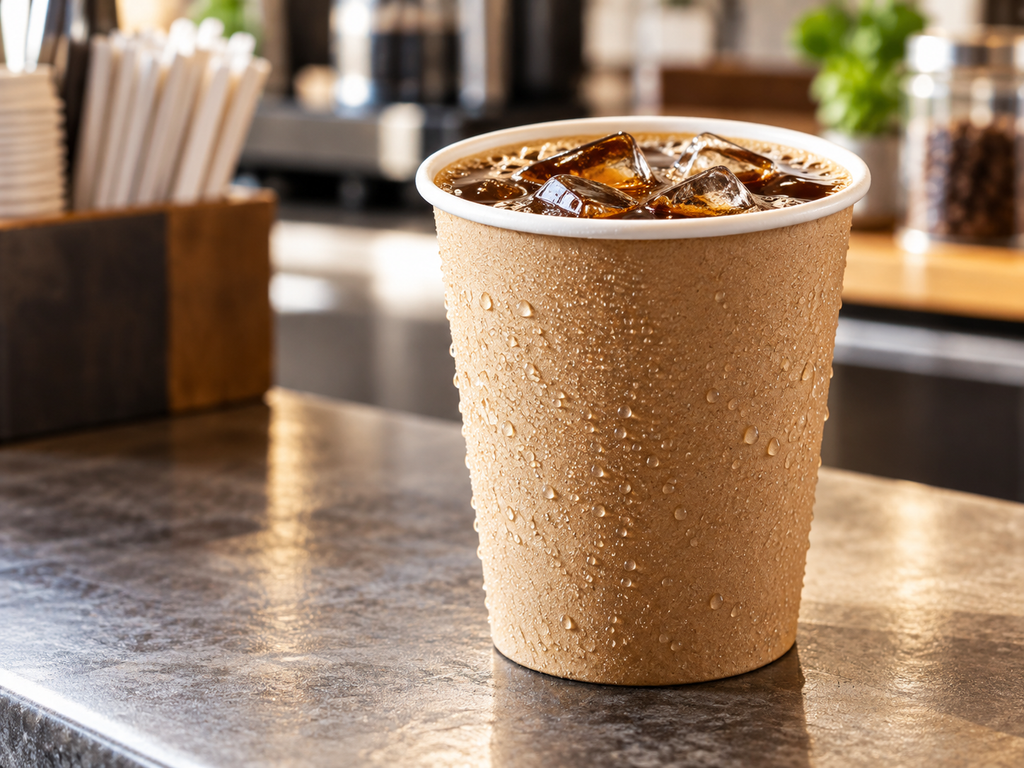 Cold cups holding iced coffee with condensation on the outer surface