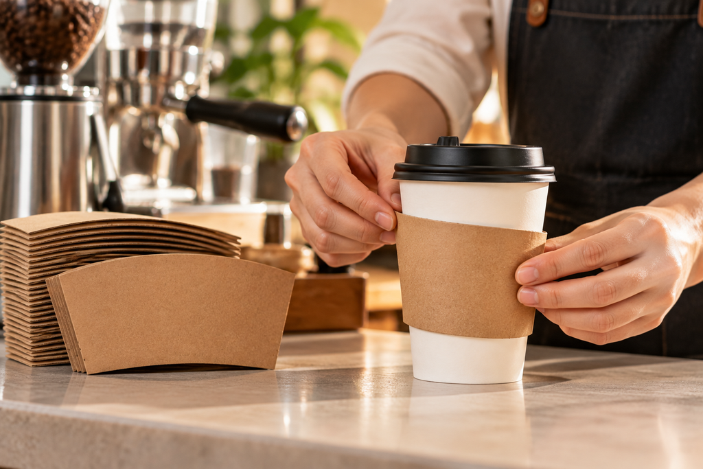 Barista placing a kraft paper coffee cup sleeve around a hot takeaway coffee cup