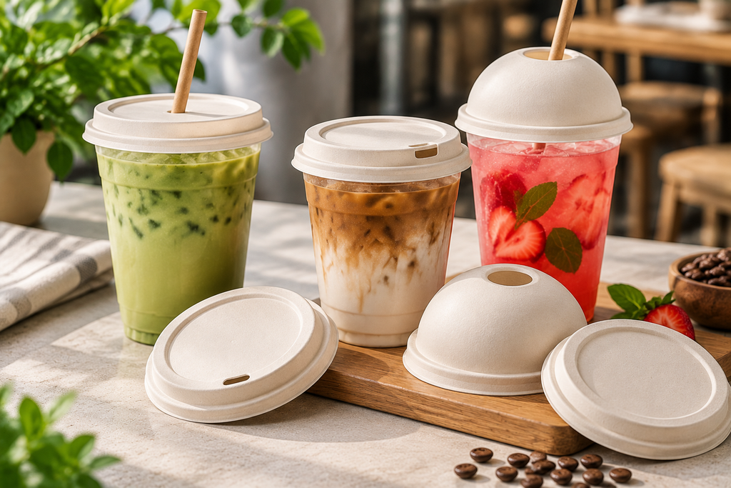 Plastic-free paper cup lids paired with iced matcha, coffee, and fruit beverages