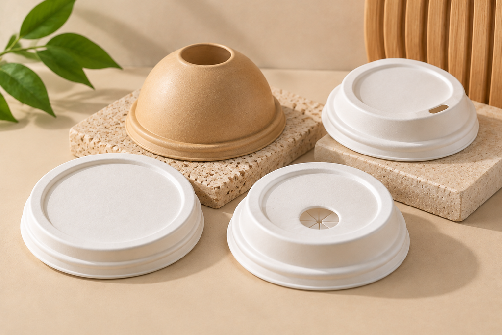 Four types of paper cup lids including flat, dome, straw-hole, and direct-drink lids