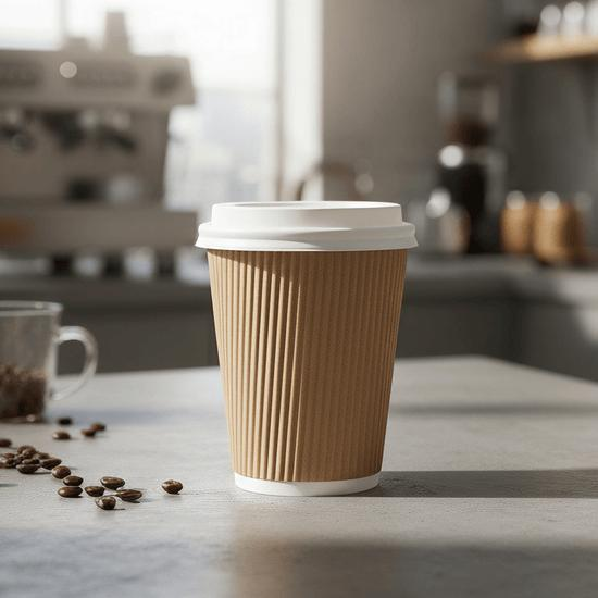 Paper coffee cup fitted with a takeaway cup lid