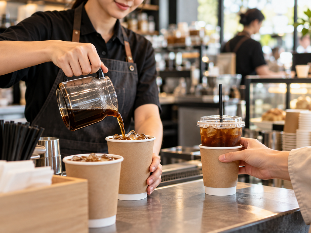 Cold cups used for iced coffee and takeaway beverages in a busy cafe