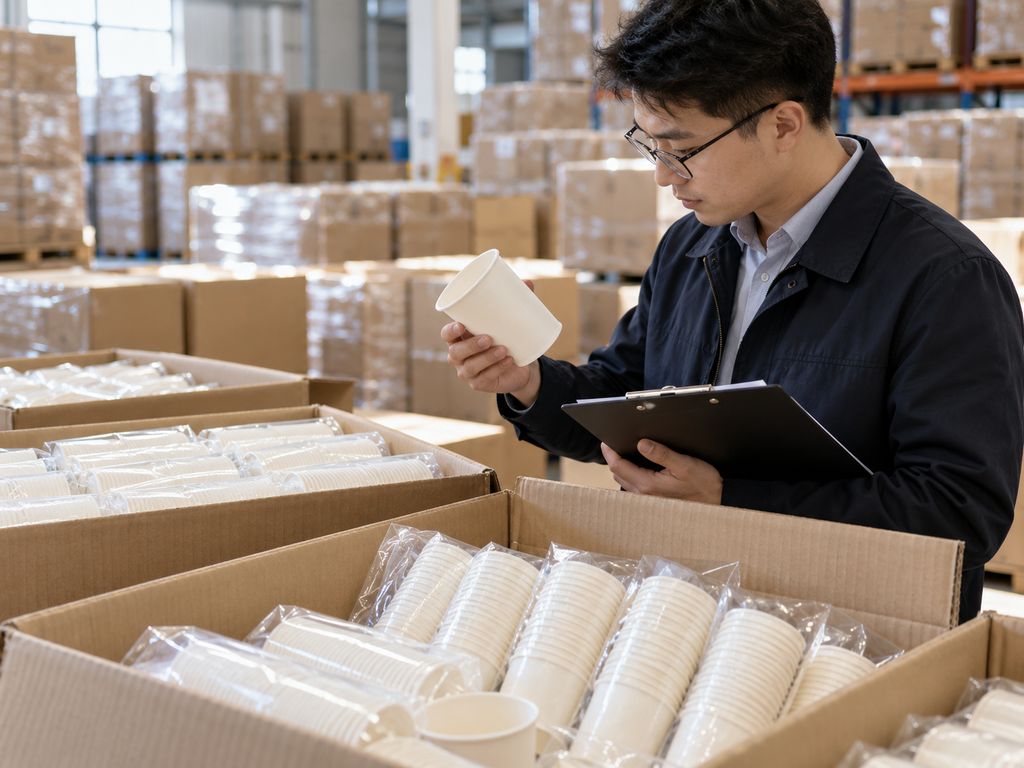 Bulk cold cups being examined for size, packaging and quality before wholesale ordering