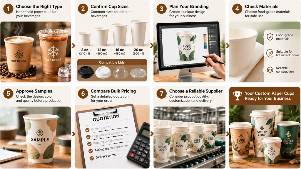 Infographic showing 7 steps for ordering custom paper cups, including cup selection, sizing, branding, materials, samples, bulk pricing, and supplier selection