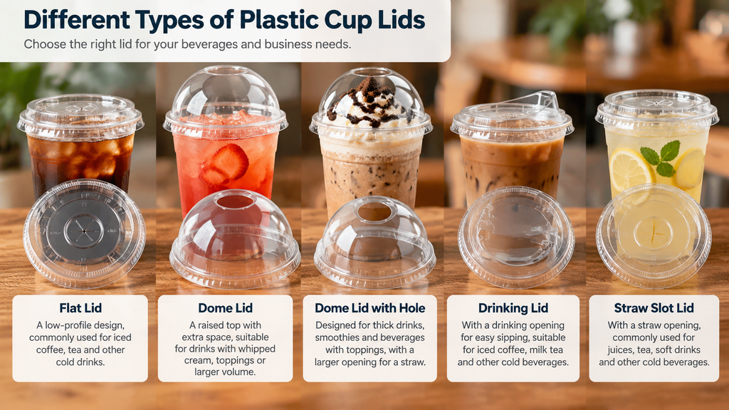 Different types of plastic cup lids including flat lids and dome lids