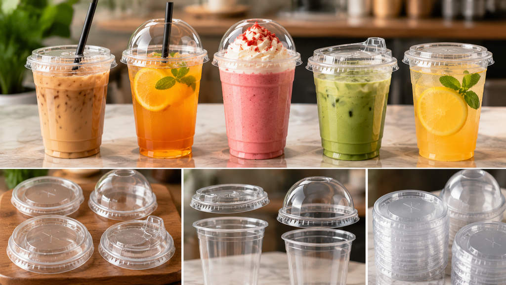 Plastic cup lids fitted to compatible disposable beverage cups