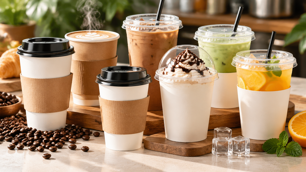 Paper cups with lids for takeaway coffee and other beverages