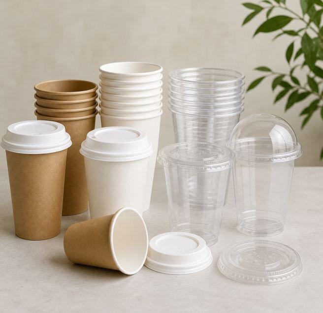Paper cold cups displayed with flat and dome lid options