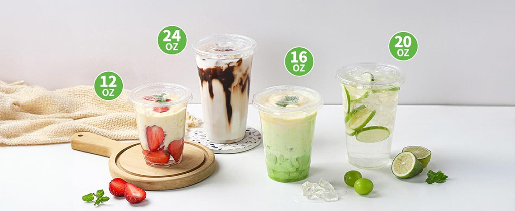 Different sizes of cold drink cups for iced coffee, fruit tea and matcha