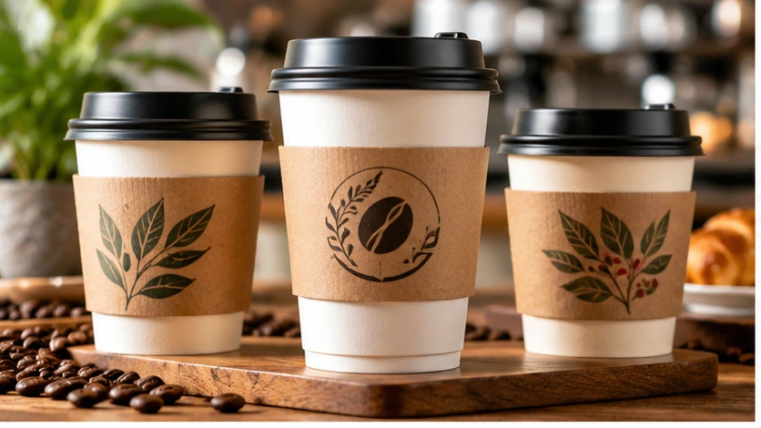 Custom cup sleeves with printed branding on takeaway coffee cups