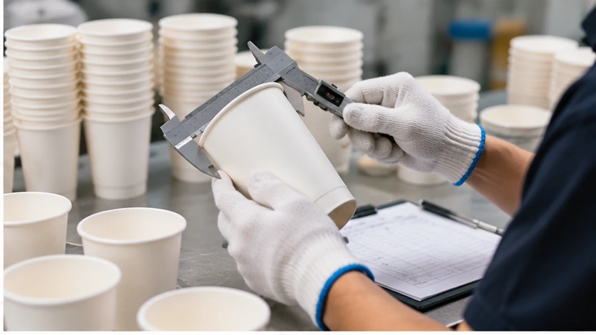 Paper cups being checked for dimensions, printing and packaging quality