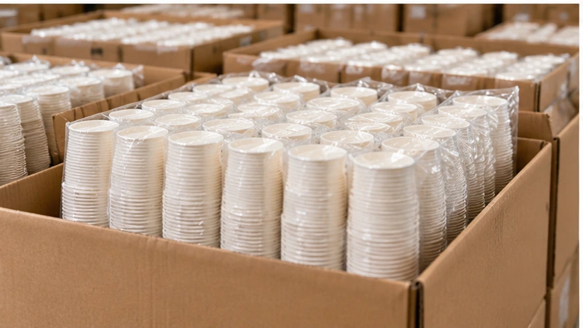 Disposable paper cups packed in cartons for wholesale distribution