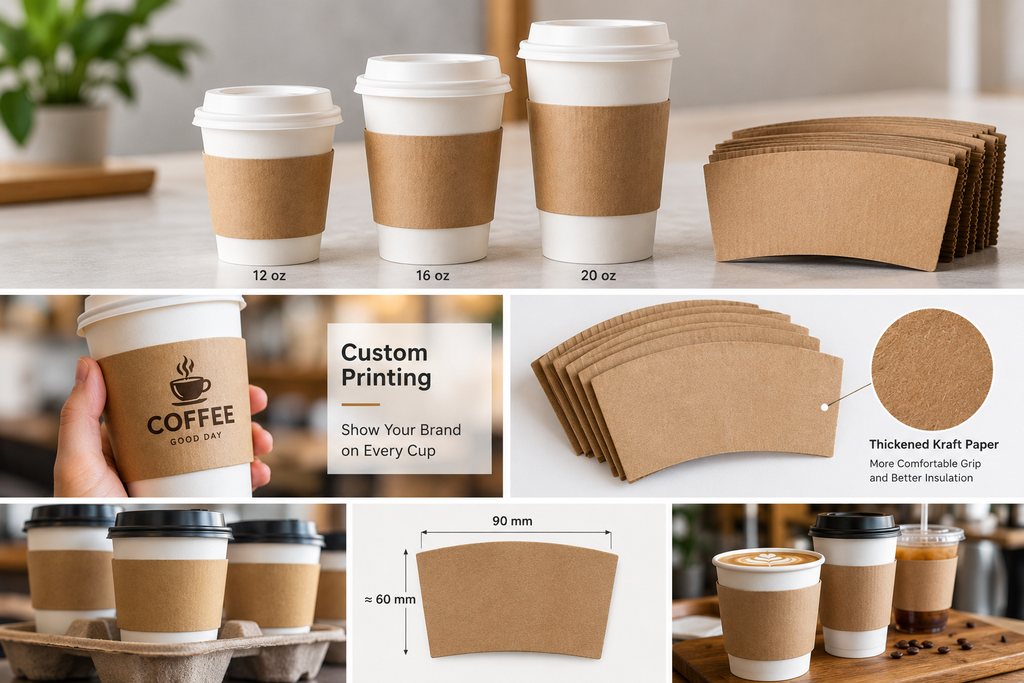 Kraft coffee cup sleeves shown on takeaway cups with custom printing, material details and different cup sizes