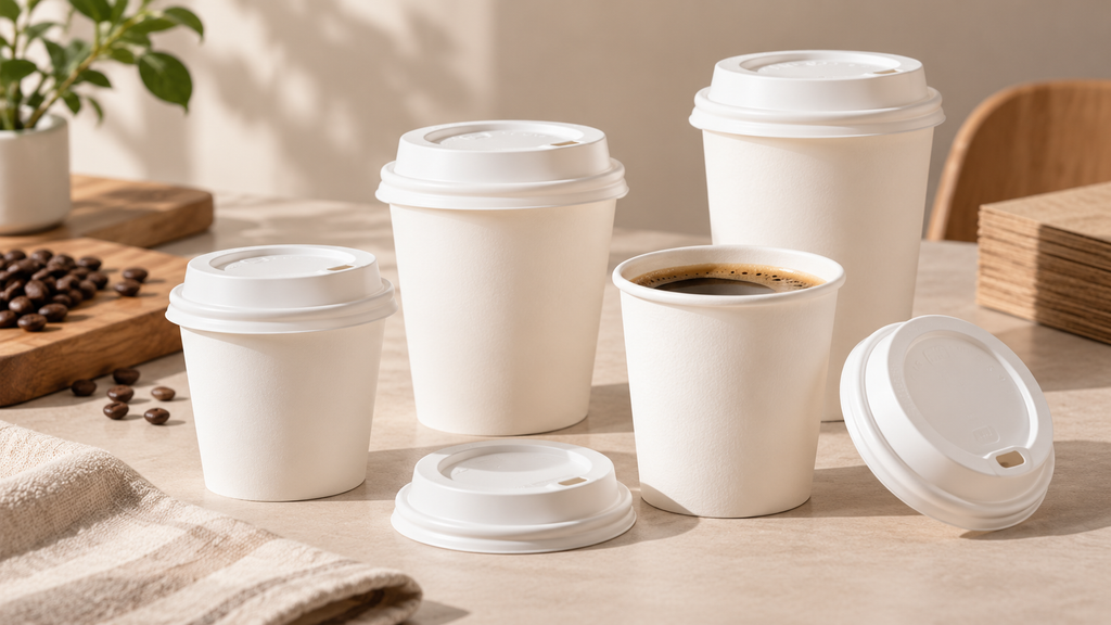 White disposable paper cups with matching takeaway coffee lids in different sizes