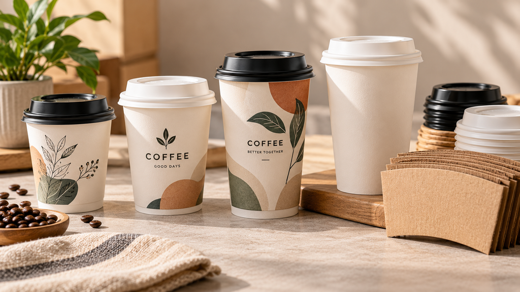 Custom printed paper coffee cups with decorative branding, takeaway lids and kraft paper sleeves