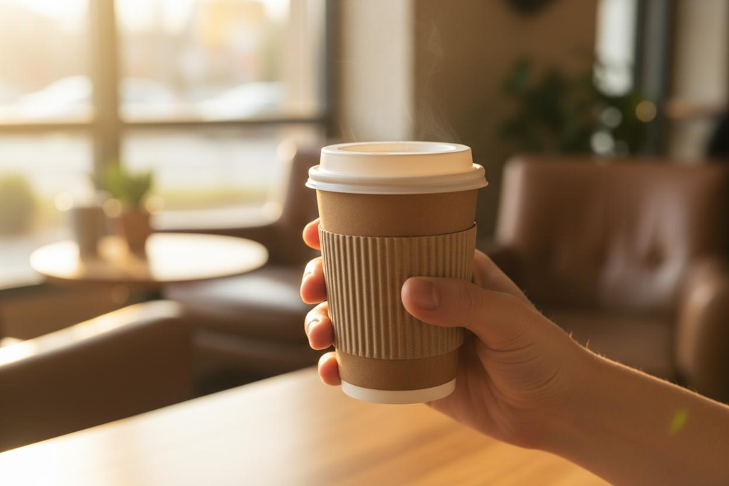 Coffee cup sleeves for hot drinks on takeaway paper coffee cups