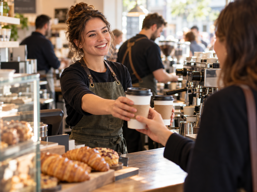 Paper coffee cups used for serving takeaway coffee in a busy cafe environment