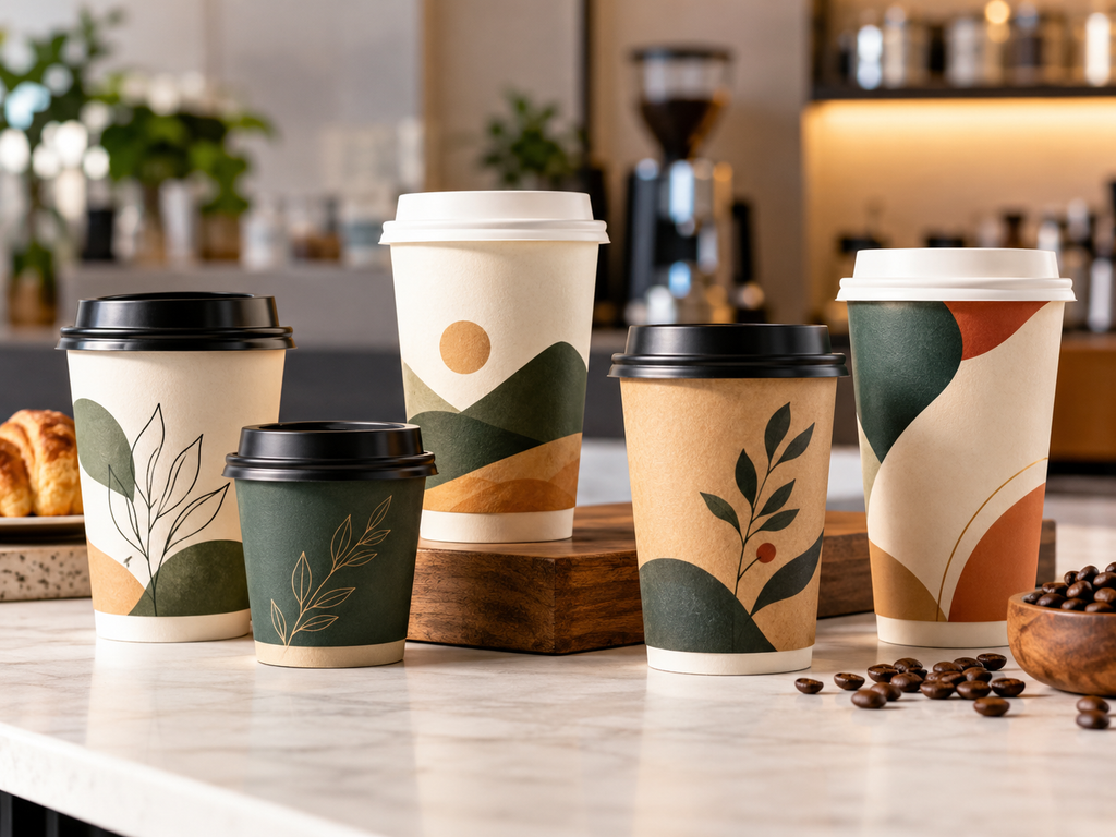 Custom paper coffee cups with branded designs displayed for coffee shop packaging