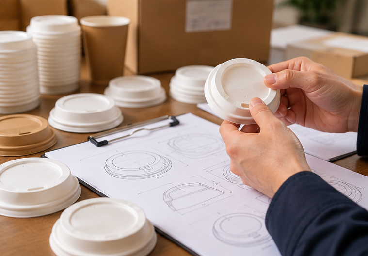 Purchasing staff examining paper cup lids samples and technical specifications before bulk ordering