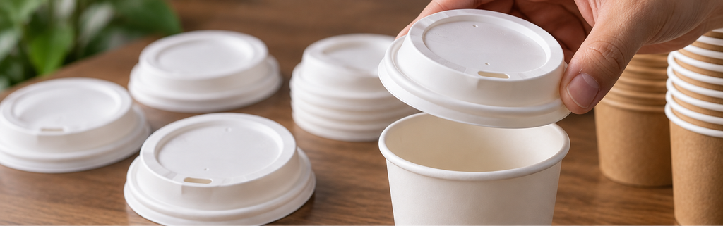 Paper cup lids being fitted onto disposable coffee cups to check rim compatibility and secure attachment
