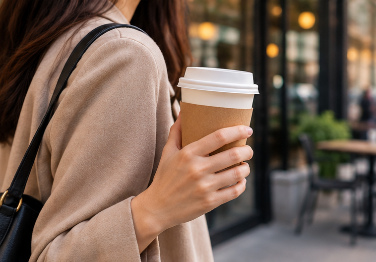 Customer carrying takeaway coffee with a fitted paper cup lid outside a cafe